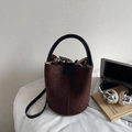 Dark brown suede bucket bag with leather handles and long shoulder strap for daily commuting - Brown No Pendant