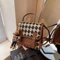 Vintage brown leather and checkered canvas satchel bag with rabbit charm and strap - With Charm (Brown With Charm) / Brown