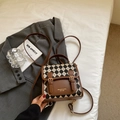 Retro brown leather and black-white checkered backpack featuring decorative front buckles - Without Charm (Brown Without Charm) / Brown