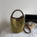 Olive green frosted suede bucket bag with brown leather handles for stylish women - Green Without Pendant