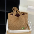 Khaki quilted corduroy tote bag with ruffled handle and magnetic buckle closure - Brown