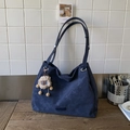 Grand sac cabas minimaliste bleu marine en daim avec porte-clé lion en peluche doux - Bleu (Avec Pendentif)