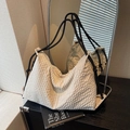 Plaid shoulder bag with yellow FASHION embroidery and black rope strap in beige - Beige