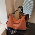 Brown plaid canvas tote bag with black rope straps and Fashion embroidery detail - Brown