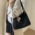 Large black suede tote bag with brown plush bear charm for a casual autumn look - Black (With Pendant)