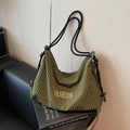 Green checkered hobo bag with embroidered FASHION text and thick rope shoulder strap - Green