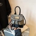 Mini vintage backpack in grey washed denim and black patent leather with metal plate - With Charm / Black