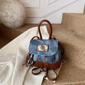 Vintage denim and brown leather backpack with drawstring and donut charm detail - With Charm / Blue