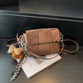 Brown suede woven crossbody bag with wavy edge design and cute puppy plush charm - Coffee with Pendant