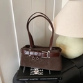 Bolso tote de ante café oscuro con correa de cuero marrón y hebilla de plata - Marrón