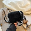 Black suede crossbody bag with scalloped flap, bear charm, and silver chain strap - Black with Pendant