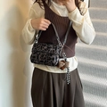 Stylish leopard print woven crossbody bag with cute plush bear pendant and chain strap - Gray Leopard With Charm