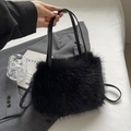 Bolso tote de felpa negra de moda con asas de cuero y correa larga ajustable - Negro