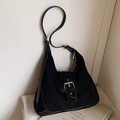Borsa tote nera retrò in pelle scamosciata opaca con finiture lucide e fibbia in metallo - Nero