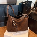 Dark brown suede tote bag with bohemian beaded charm and adjustable leather strap - Coffee with Pendant