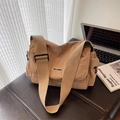 Minimalist khaki pleated nylon crossbody tote bag with adjustable wide knit shoulder strap - Khaki