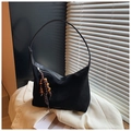 Vintage black faux suede hobo bag with unique wooden bead tassel and zipper closure - Black with Pendant