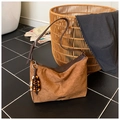 Retro brown suede hobo tote bag with dark leather trim and wood bead tassel charm - Brown with Pendant