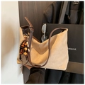 Vintage beige suede tote bag with brown leather straps and retro tassel charm detail - Khaki with Pendant