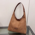 Mini leopard print shoulder bag in caramel brown suede with leather straps and logo patch - Brown