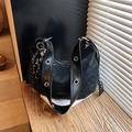 Retro black faux leather hobo tote with silver metal grommets and tassel charm - Black (With Charm)