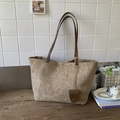 Minimalist large khaki tote bag with suede texture and dark brown straps - Khaki