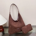 Retro brown suede hobo bag set with matching small zipper pouch and wide shoulder strap - Coffee