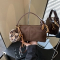 Deep coffee vintage suede Boston bag with leopard plush charm and gold hardware strap - Suede Coffee With Pendant