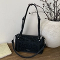 Borsa da donna in camoscio nero a bauletto con dettagli in argento e logo - Nero
