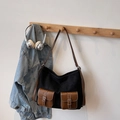 Grande borsa tote in tela nera con tasche in pelle marrone e spalline vintage - senza ciondolo / Nero