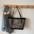 Minimalist large charcoal grey marble texture tote bag with black strap and gold charm - Blackish Green With Pendant