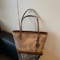 Brown marble pattern tote bag with dark leather trim and stylish woven pendant - Coffee with Pendant