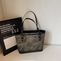 Chic dark gray marble texture tote bag with black leather trim and golden hardware - Dark Tea Brown (No Charm)
