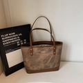 Retro brown marble textured tote bag with top handles and gold metal logo plaque - Coffee No Charm