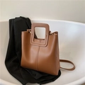 Retro caramel brown bucket bag with square hollow handle and adjustable strap - Brown