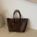 Large retro dark brown leather tote bag with unique vintage wrinkled texture finish - Brown