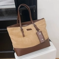 Khaki suede and brown leather patchwork tote bag with stylish rivet charm detail - Khaki
