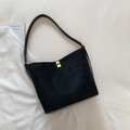 Minimalist black faux suede bucket bag with gold metal buckle and leather strap - No Pendant / Black