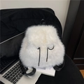 Plush white faux fur drawstring backpack with black straps for winter casual fashion - White