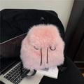 Pink faux fur backpack with black drawstring and nylon straps for casual winter fashion - Pink