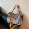 Bolso tote retro de lona lavada azul pizarra con asas trenzadas y correa ajustable - Azul
