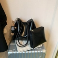 Glossy black tote bag and matching pouch set with a small rabbit charm accessory - Black