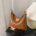 Brown quilted vintage hobo bag with gold chain strap and metallic twist lock closure - Brown