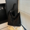 Retro black matte tote bag with drawstring bow detail and leather shoulder strap - Black