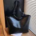 Retro black leather tote bag with oily texture and brand logo for commuting - Black