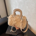 Beige lamb wool faux fur bowling bag with leather handles and adjustable shoulder strap - Khaki