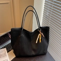 Minimalist black faux suede tote bag with colorful beaded charm for autumn and winter style - Black with Pendant