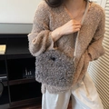 Furry grey crossbody square bag with lamb wool texture and sleek leather strap - Gray