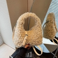 Chic beige teddy fur crescent handbag with detachable leather crossbody strap - Khaki