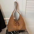 Brown suede slouchy shoulder bag with drawstring bow and silver metal beads detail - Brown